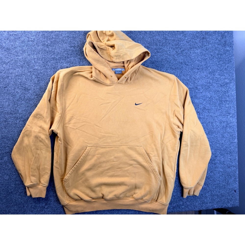 Nike Mens Large Yellow Mustard Hoodie Y2K Vintage Embroidered Swoosh Pullover L